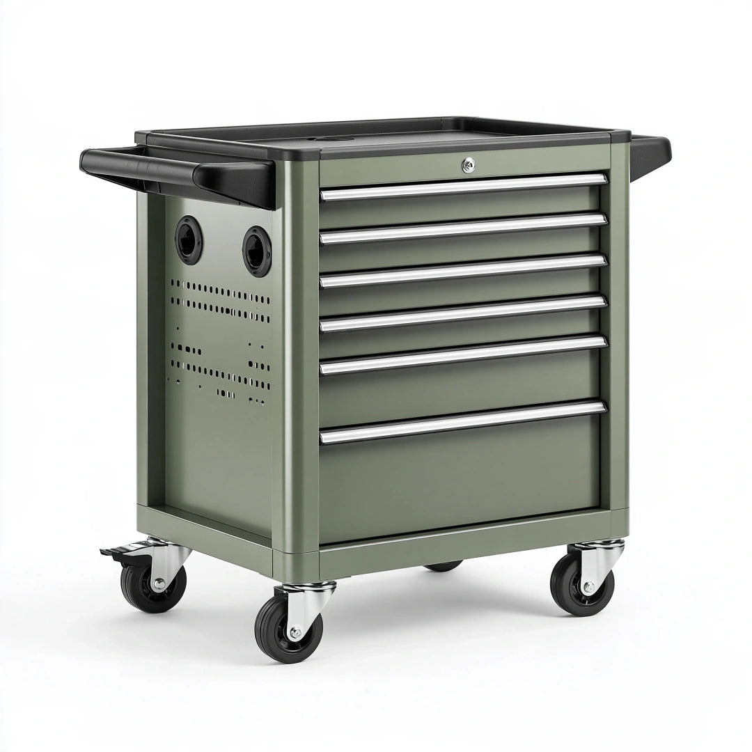 Werkzeugwagen 80 x 50 x 95 cm aus Stahl olivgrün mit 6 Schubladen und Rollen