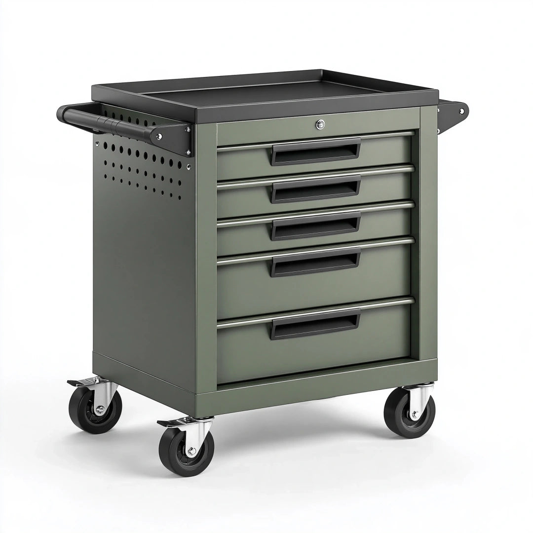 Werkzeugwagen 76 x 46 x 95 cm aus Stahl olivgrün mit 5 Schubladen und Rollen