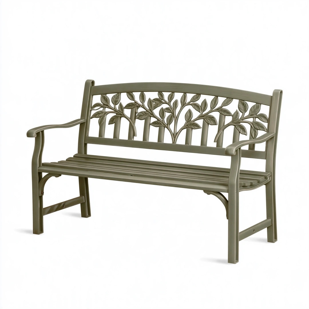 Gartenbank 122 x 61 x 90 cm aus Metall Olivgrün mit Blattdekor